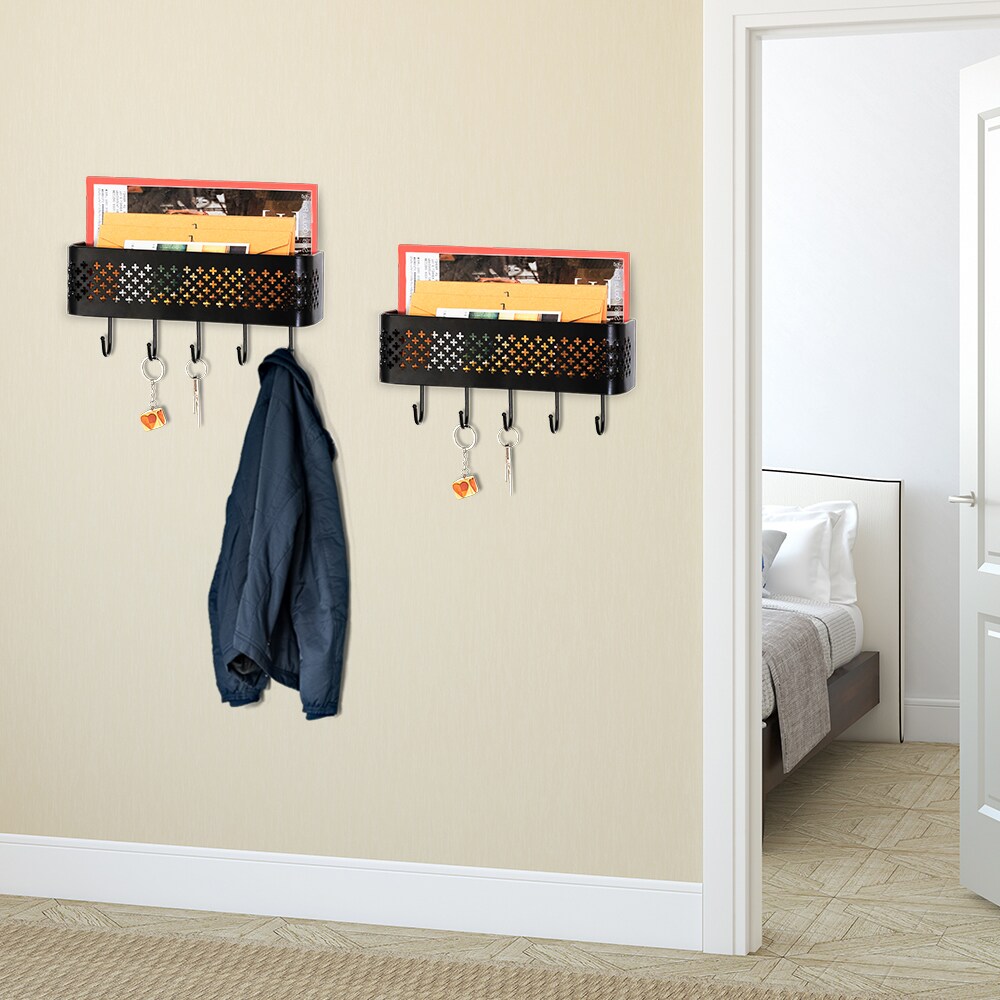 Set of 2 Wall-Mounted Entryway Organizers &#x2013; Rust-Resistant Steel Key Hooks &#x26; Storage Shelf with 5 Hooks, Compact 11&#x22;x3&#x22;x3&#x22; Design for Mail, Keys, Essentials