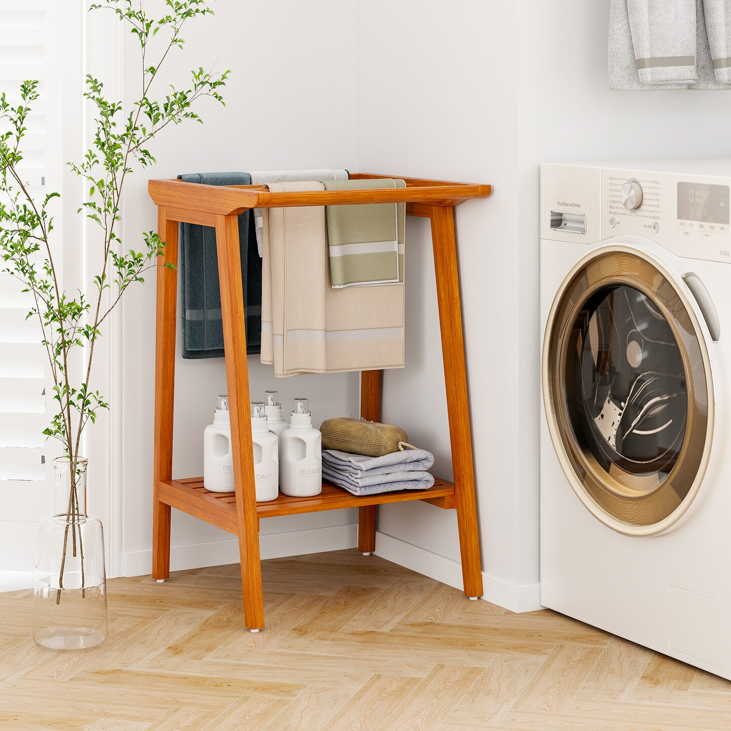 Solid Teak Wood Freestanding Towel Rack with Shelf – 5 Bars, 31.5” H