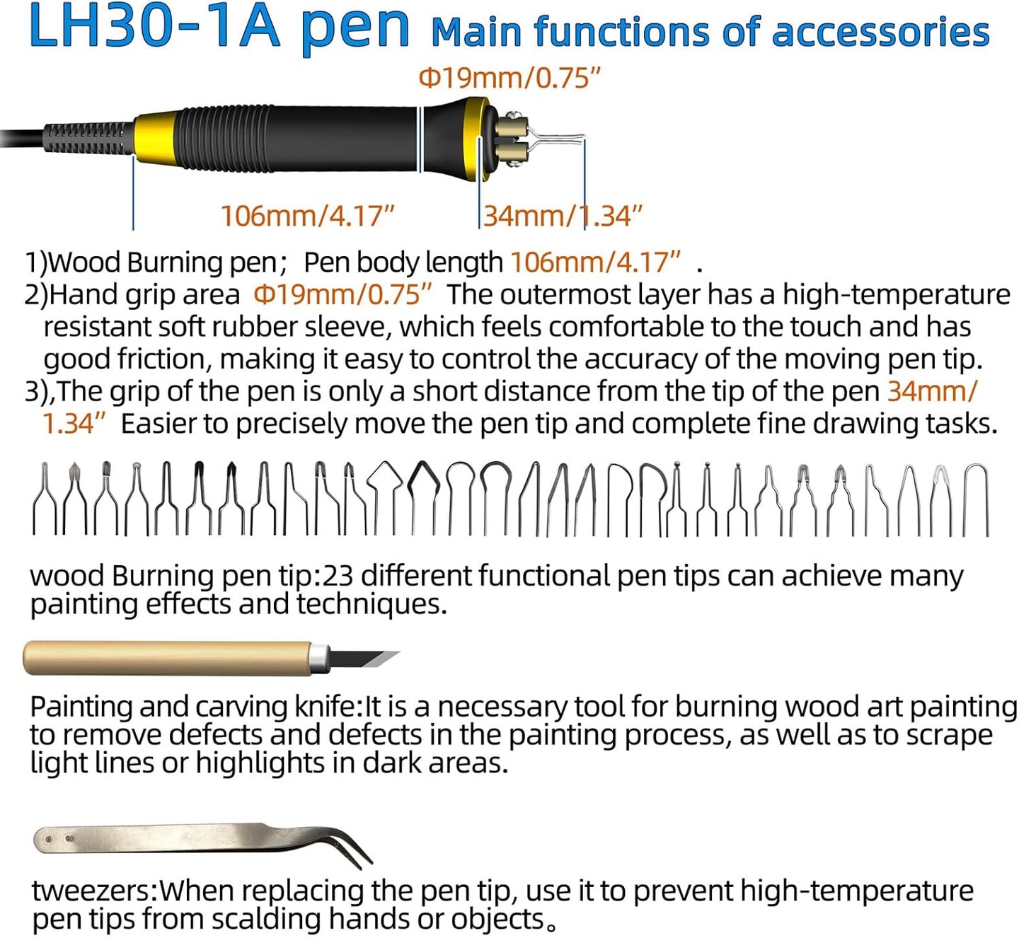 LH30-1 wood burning tool,wood burning kit pen 25~750&#x2103;,professional wood burning kit,with digital thermometer temperature adjustable temperature,1 wood burning pens, 30 pen tips(LH30-1A pen)