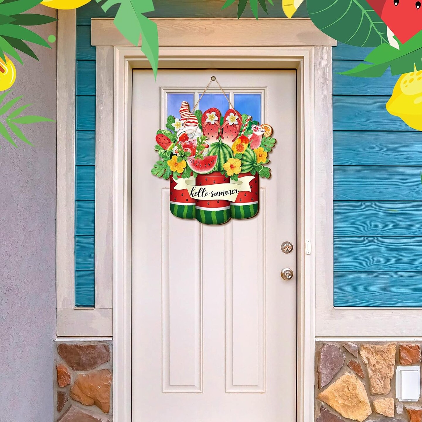 Hello Summer Watermelon Sign Wooden Watermelon Gnome Welcome Hanging Sign with Ropes Rustic Summer Front Door Hanger Ornament for Farmhouse Home Indoor Outdoor Door Porch Wall Decor