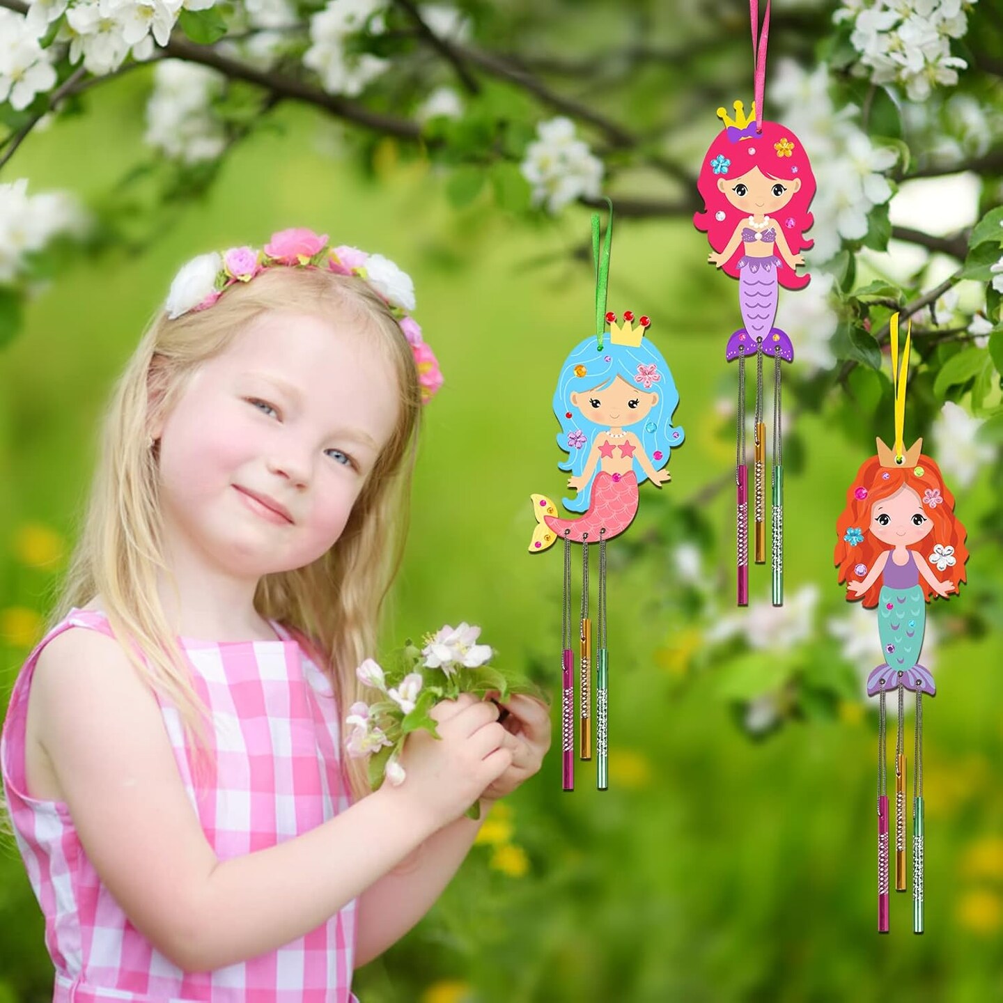 9 Pack Summer Mermaid Wind Chime Kit for Kids Make Your Own Wind Chime Wooden Arts and Crafts for Girls Boys Ornaments DIY Coloring Mermaid for Summer Art Activity Birthday Party Decoration