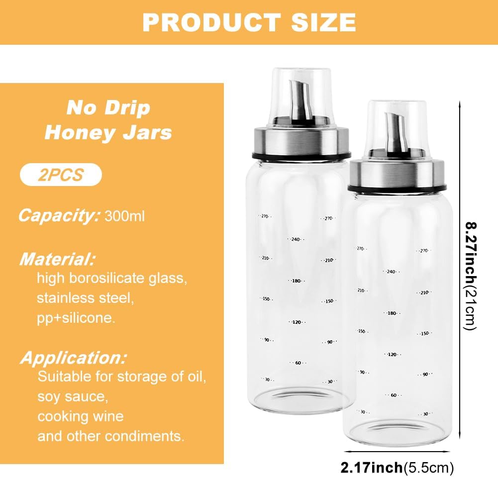 Honey Dispenser,Glass Honey Dispenser Pot 10 OZ,Honey Dispenser No Drip,Maple Syrup Dispenser with Silicone Base for Bread,Beautiful Honey Pot,Perfect Honey Container(2pcs)