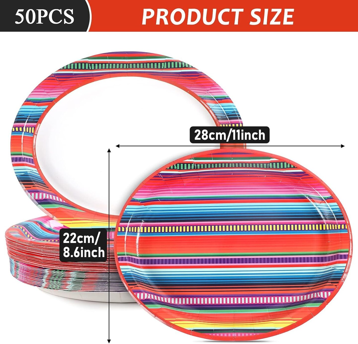 50 PCS Mexican Fiesta Oval Paper Plates Large 11&#x201D; Disposable Fiesta Party Decorations Mexican Floral Stripes Supplies Favor for Cinco De Mayo Dance Pinata Mexico Taco Dinner Party Tableware Set