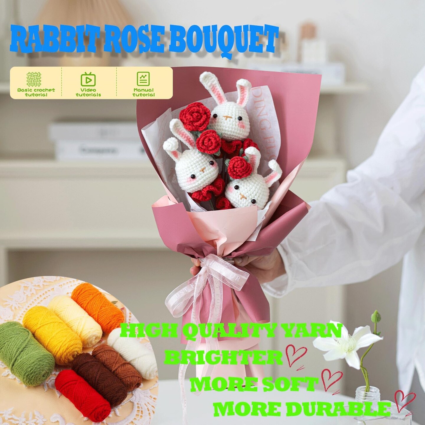 Crochet Kit for Beginners with Step-by-Step Video Tutorials, DIY Craft Set, Knitting Supplies Gift for Adults and Kids (13+) - Complete Kit With Cute Rabbit Flower Bouquet