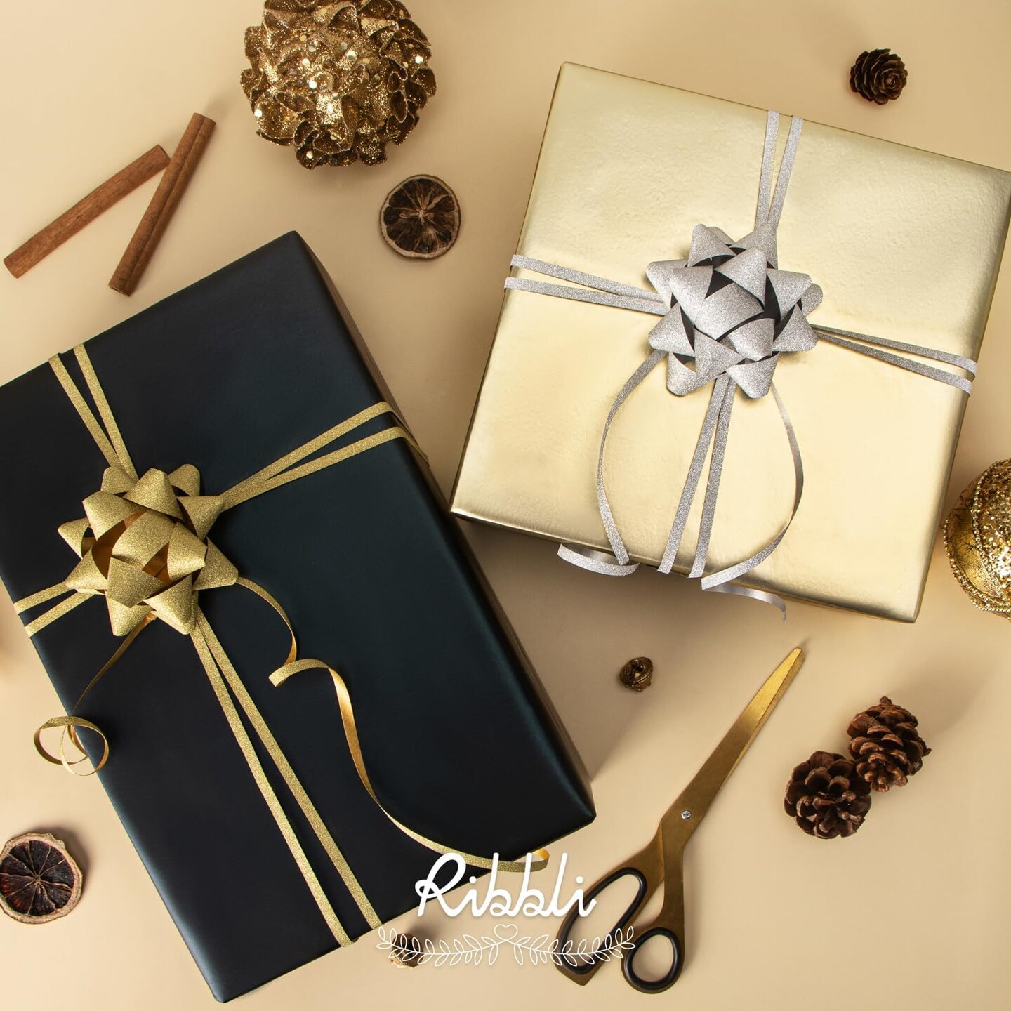 Black & Gold Christmas Wrapping Paper Set – 2 Mini Rolls Metallic Matte Solid Color with Curling Ribbon & Gift Bows, 17” x 16 ft Each (Black/Gold)