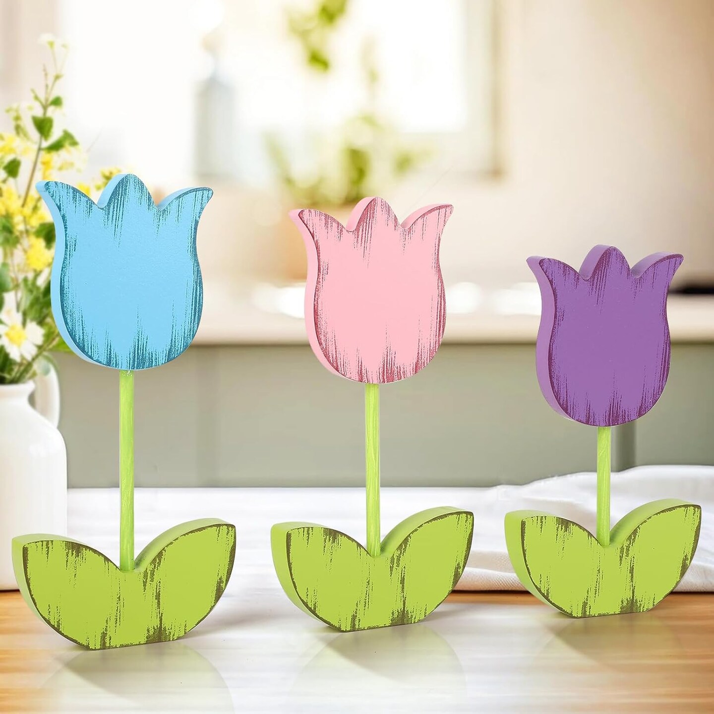 3-Piece Spring Table Decorations – Tulip Wooden Farmhouse Set for Tiered Tray, Tabletop, Shelf & Home Décor | Hello Spring Decor