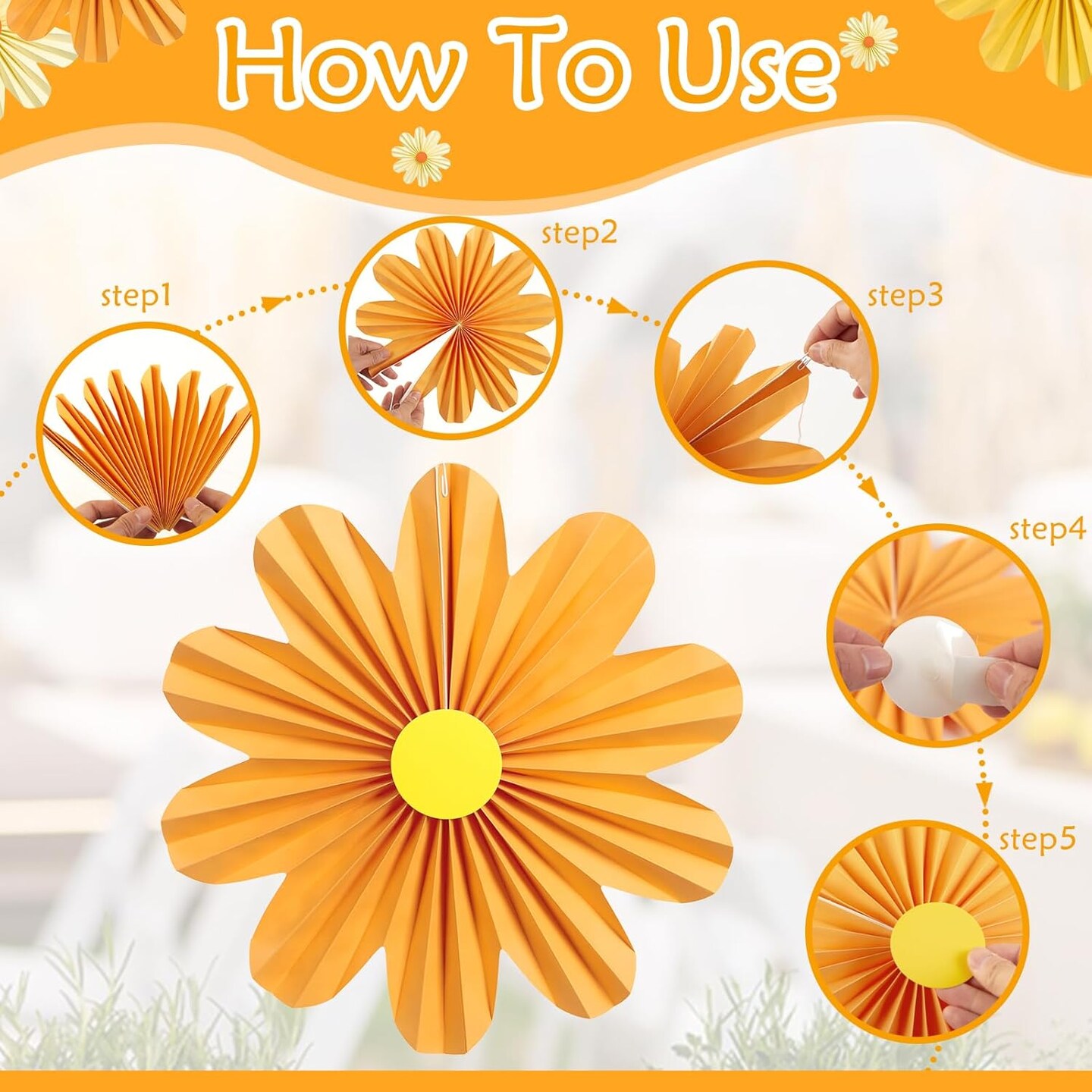 9 PCS Orange Paper Flowers Decorations for Wall Paper Fans Daisy Decoration Paper Floral Backdrop Decor Paper Fans Decoration