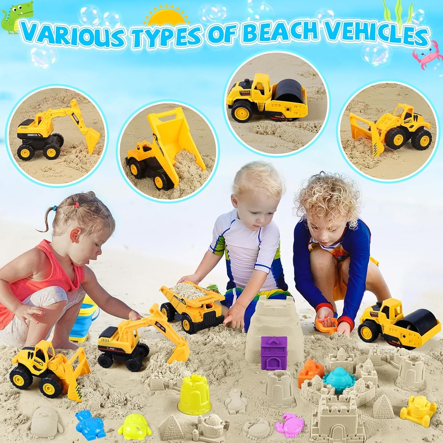 Summer Beach Toys, 40Pcs Sand Toys for Toddlers 1-3 with Sand Construction Vehicles Set, Collapsible Sand Bucket