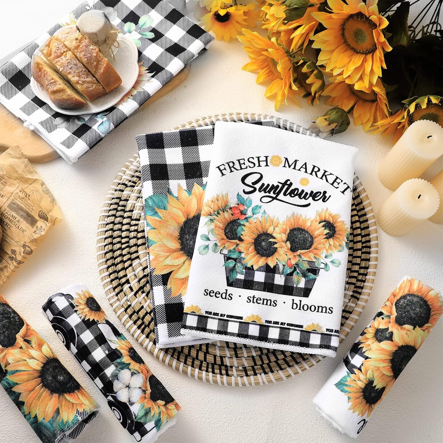 6 Pcs Sunflower Kitchen Towels Summer Buffalo Plaid Dishtowels for Kitchen Ultra Absorbent Black and White Hand Wash Cloth Sunflower Decor Decorative Set for Bathroom Housewarming Gift