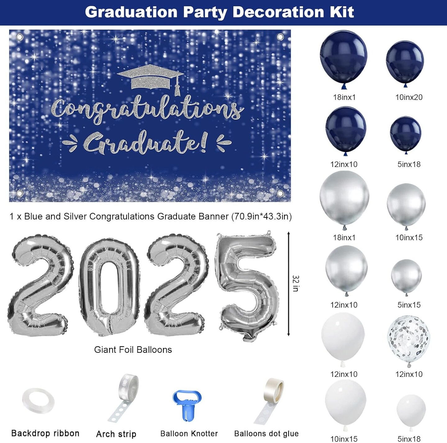 Blue Graduation Decorations Set Class of 2025 Graduation Balloon arch kit Congrats Grad Balloons Set 152PCS Graduates High School College Party Supplies