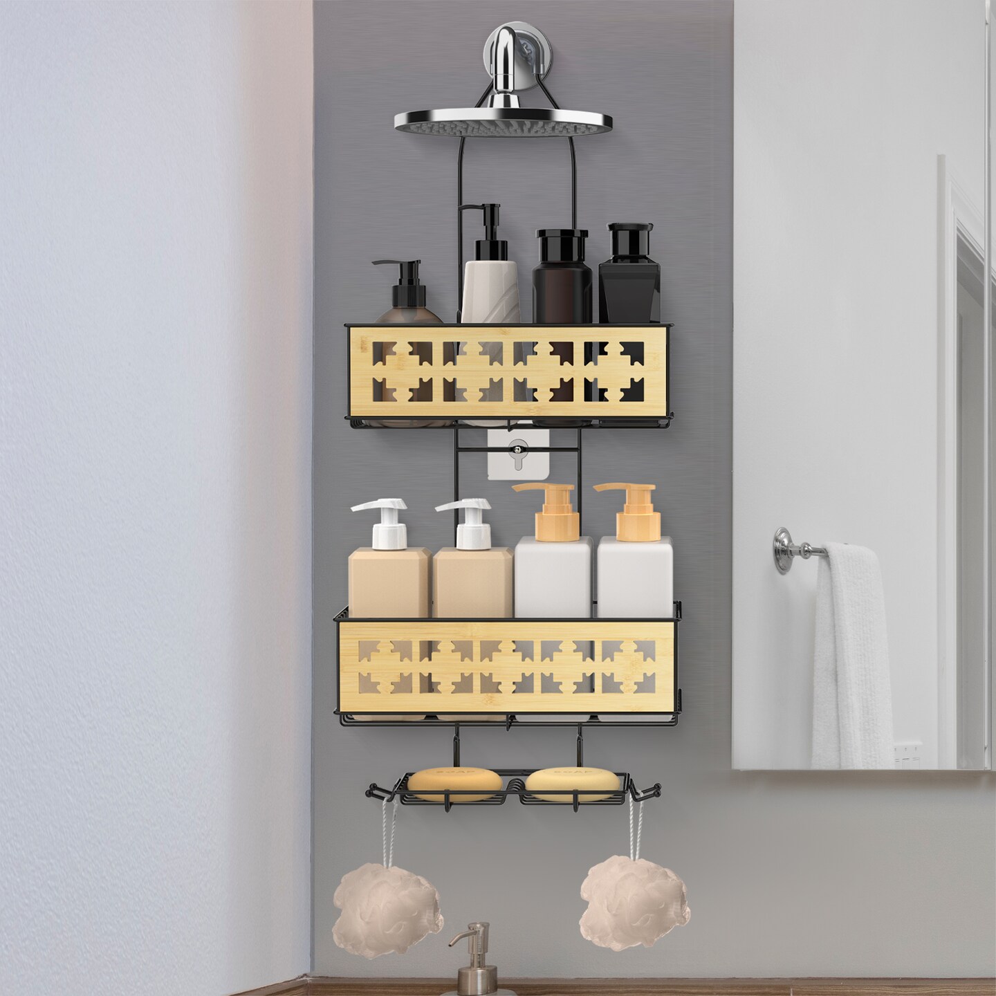 3-Tier Hanging Shower Caddy Over Shower Head – Rustproof Bathroom Organizer with Soap Holder, Bamboo Board & Hooks, No-Drill Installation (28.7"H, 40 lb Capacity)