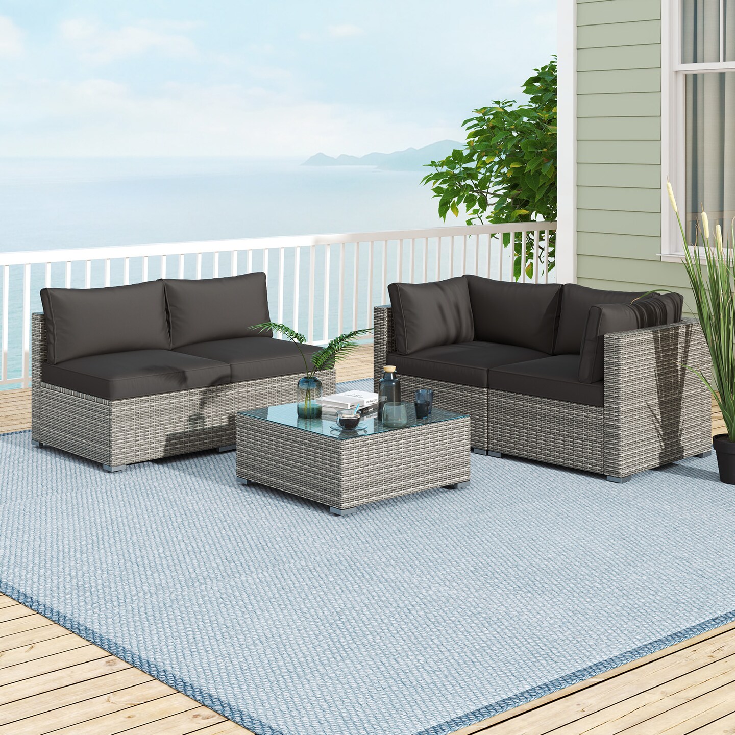 5-Piece Outdoor Patio Furniture Set Including Coffee Table and 4 Rattan Chairs with Cushions