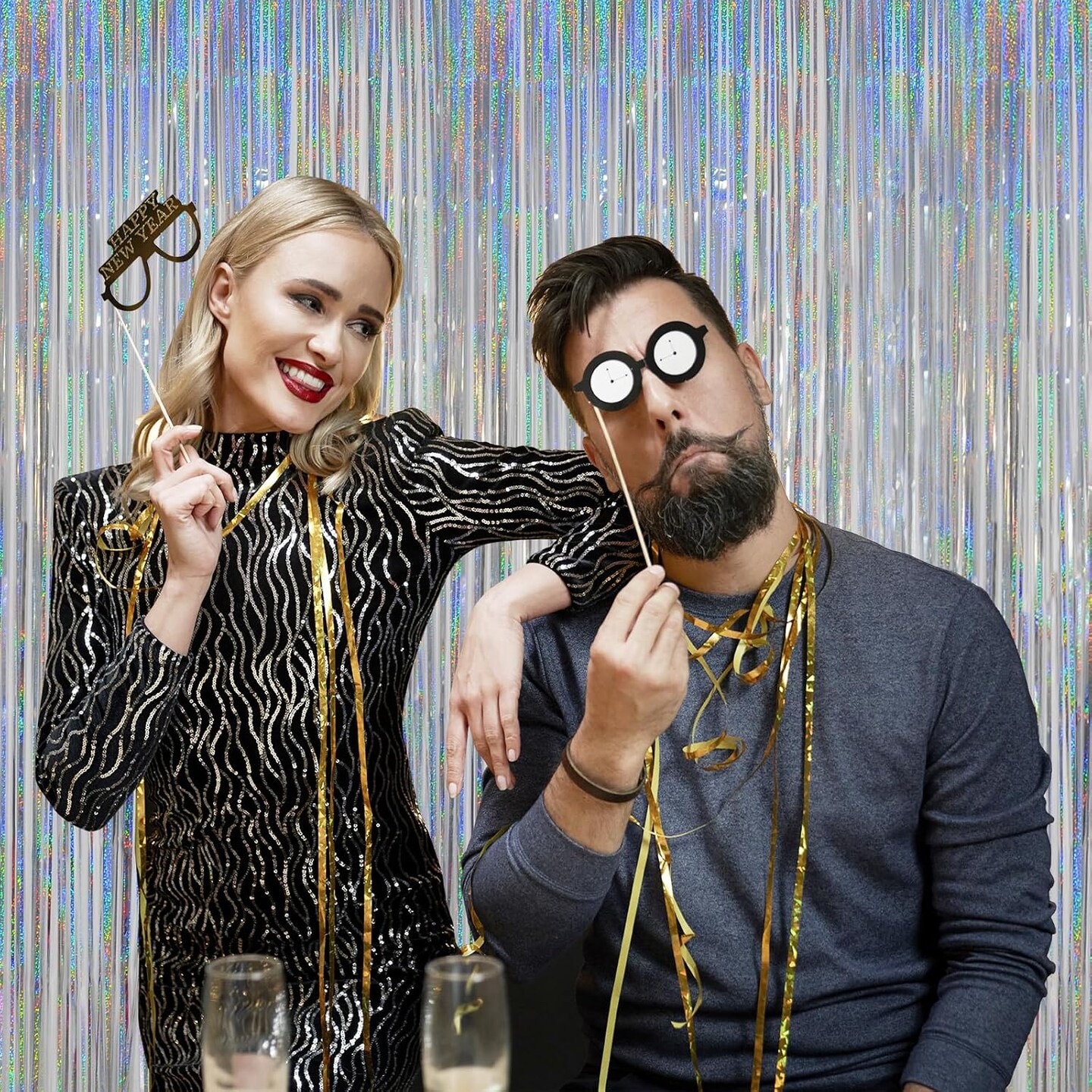 Silver Foil Curtain Tinsel Backdrop, 3.2 ft x 8 ft Tinsel Foil Fringe Curtains Backdrop, Sparkle Metallic Foil Curtains for Party Photo Booth Decoration