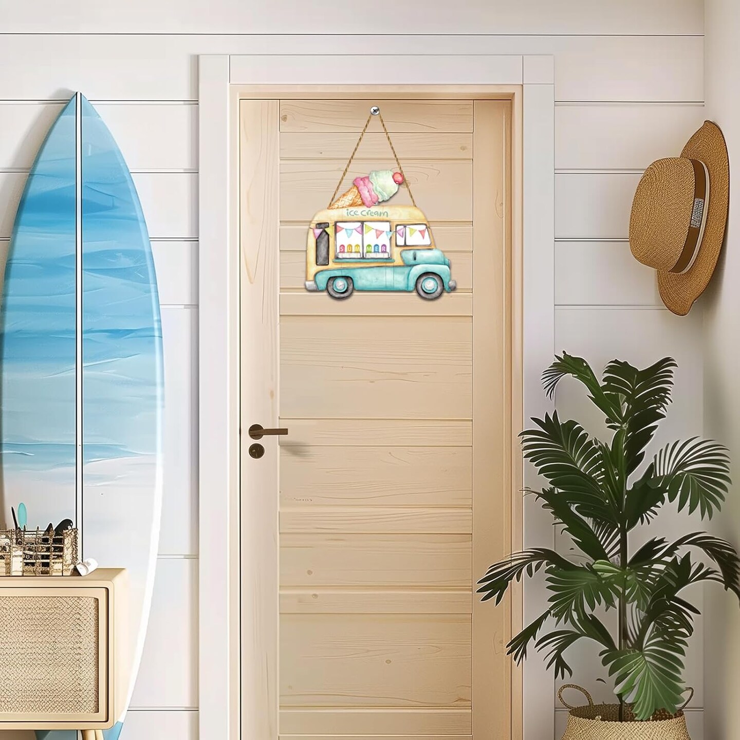 Summer Door Decor Ice Cream Truck Sign Hanging Plaque Colorful Popsicles Wooden Front Door Hanger for Office Wall Indoor Home Decorations
