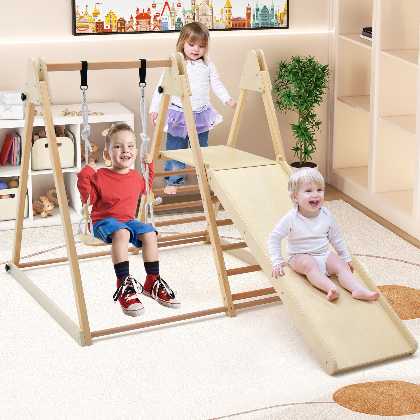 Natural Wood 5-in-1 Jungle Gym with Swing, Slide, Climbing Ramp and Foldable Design