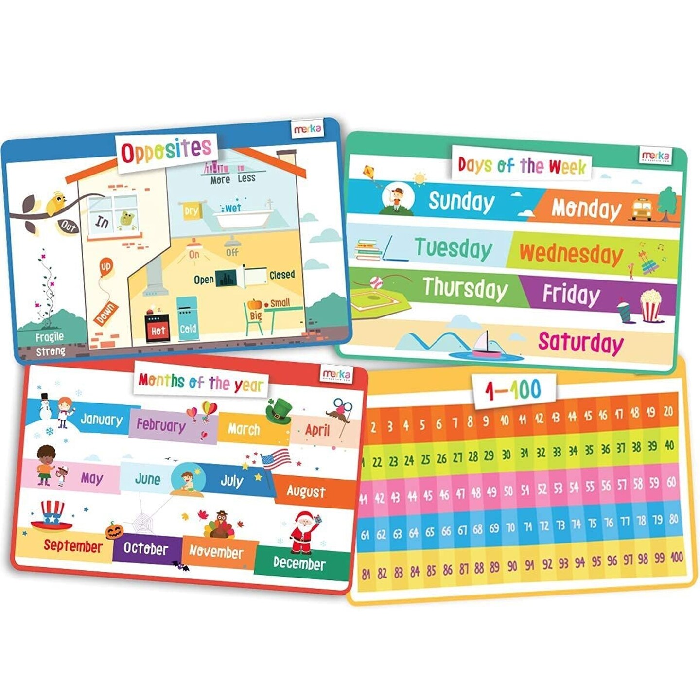 merka Kids Placemat, 4 Pack Toddler Educational Placemats 17x11 in, for Dining Table Features Days of the Week, Numbers 1-100, Months Opposites, Silicone Reusable Wipeable Mats