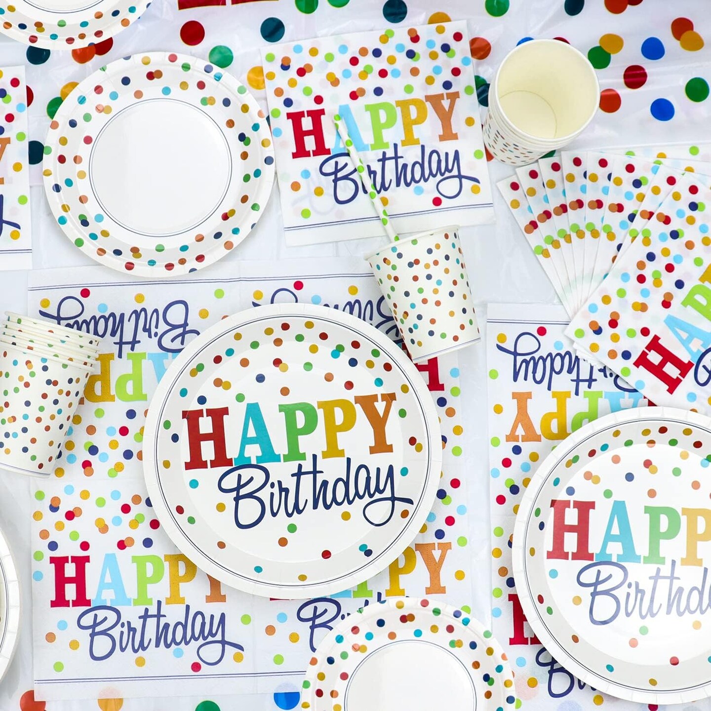 212 PCS Rainbow Party Supplies - Colorful Balloons, Polka Dot Banner, Fringe Curtains, Cake Topper, Plates, Napkins, Cups and Tablecloth for Kid Confetti Sprinkle Party Decorations, Serve 20 Guests