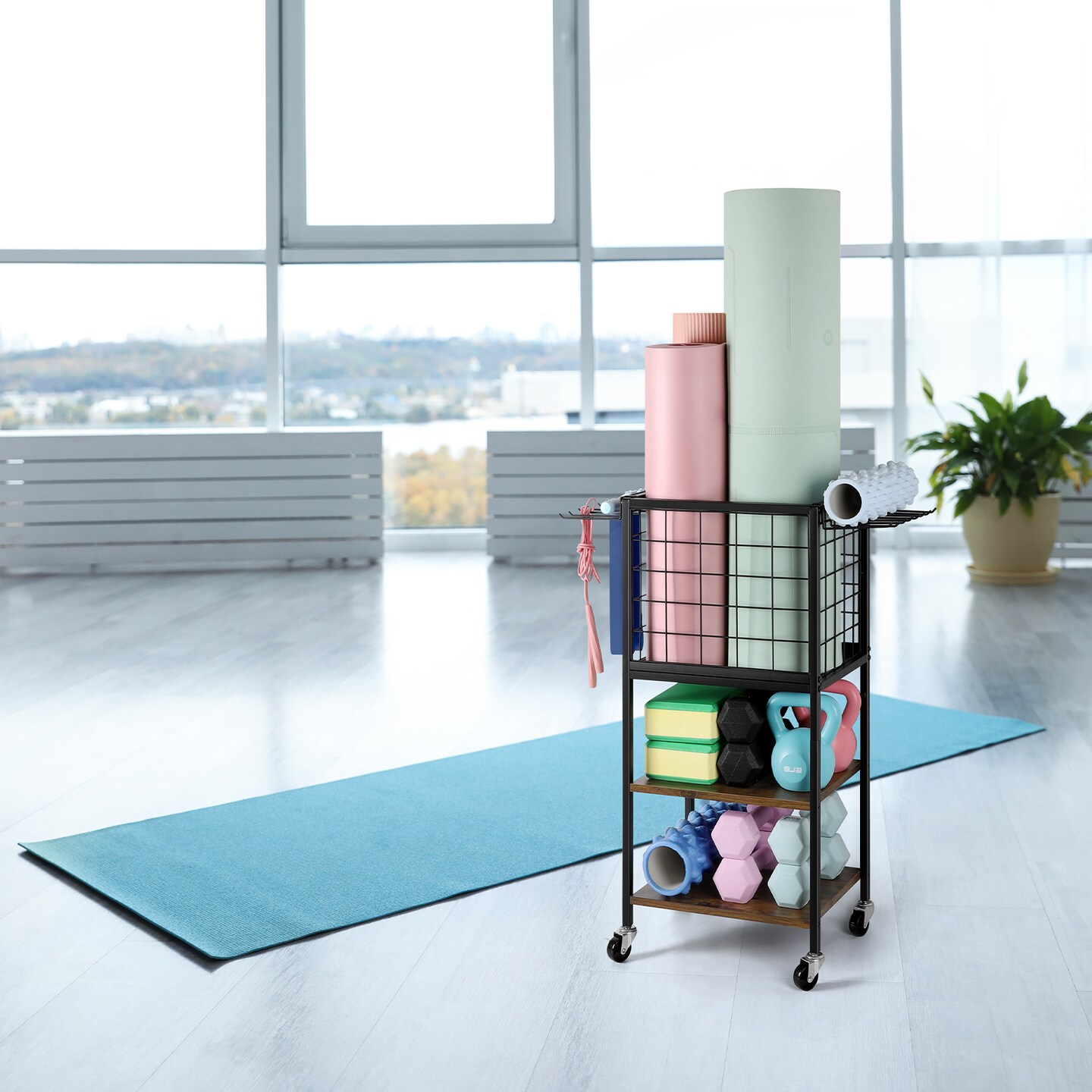 Multi-Functional Weight Rack for Home Gym &#x2013; Portable Storage Organizer with Wheels, Hooks &#x26; Yoga Mat Holder for Dumbbells, Resistance Bands, Blocks