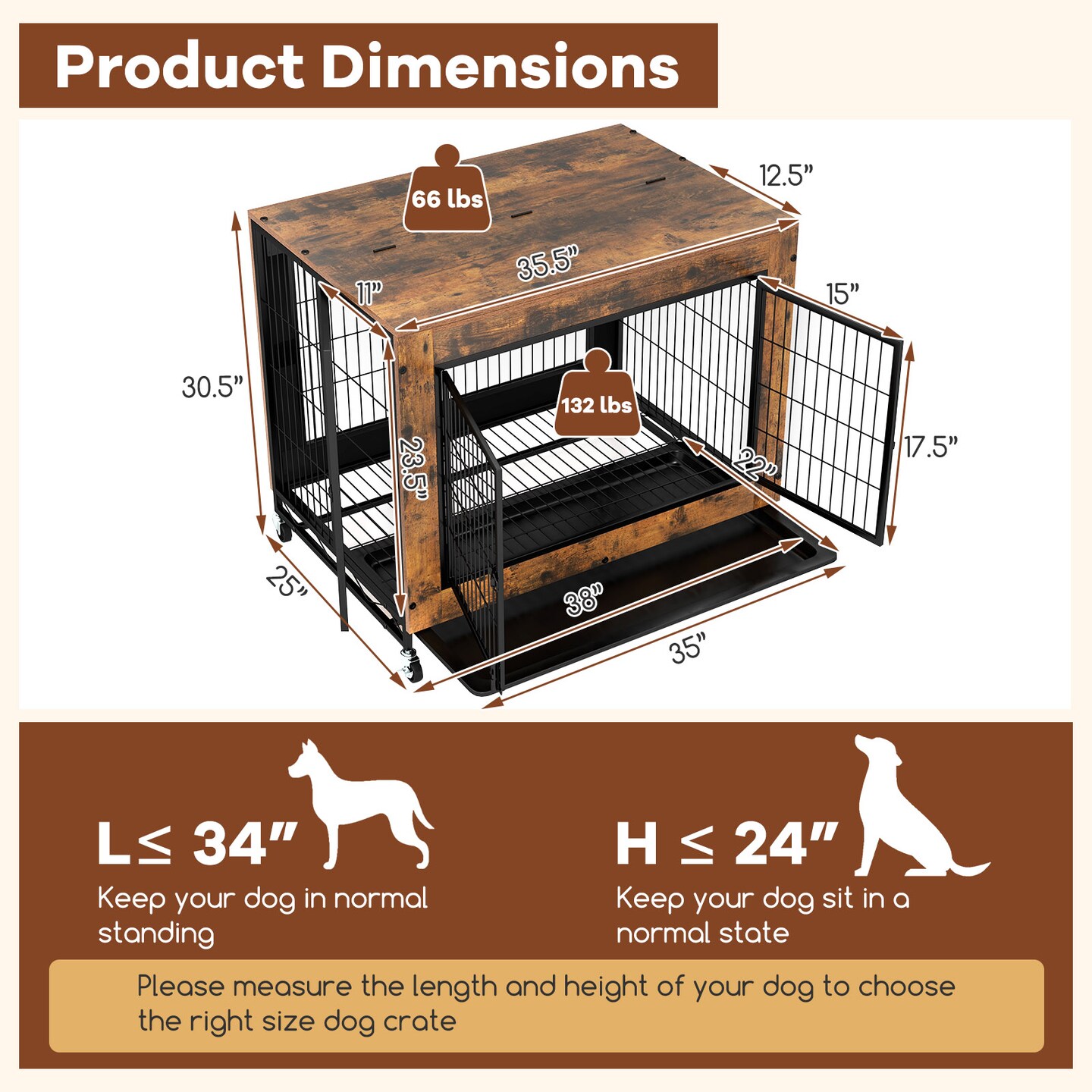 Rustic Brown Flip-up Top Dog Kennel with Removable Tray and 3 Lockable Doors