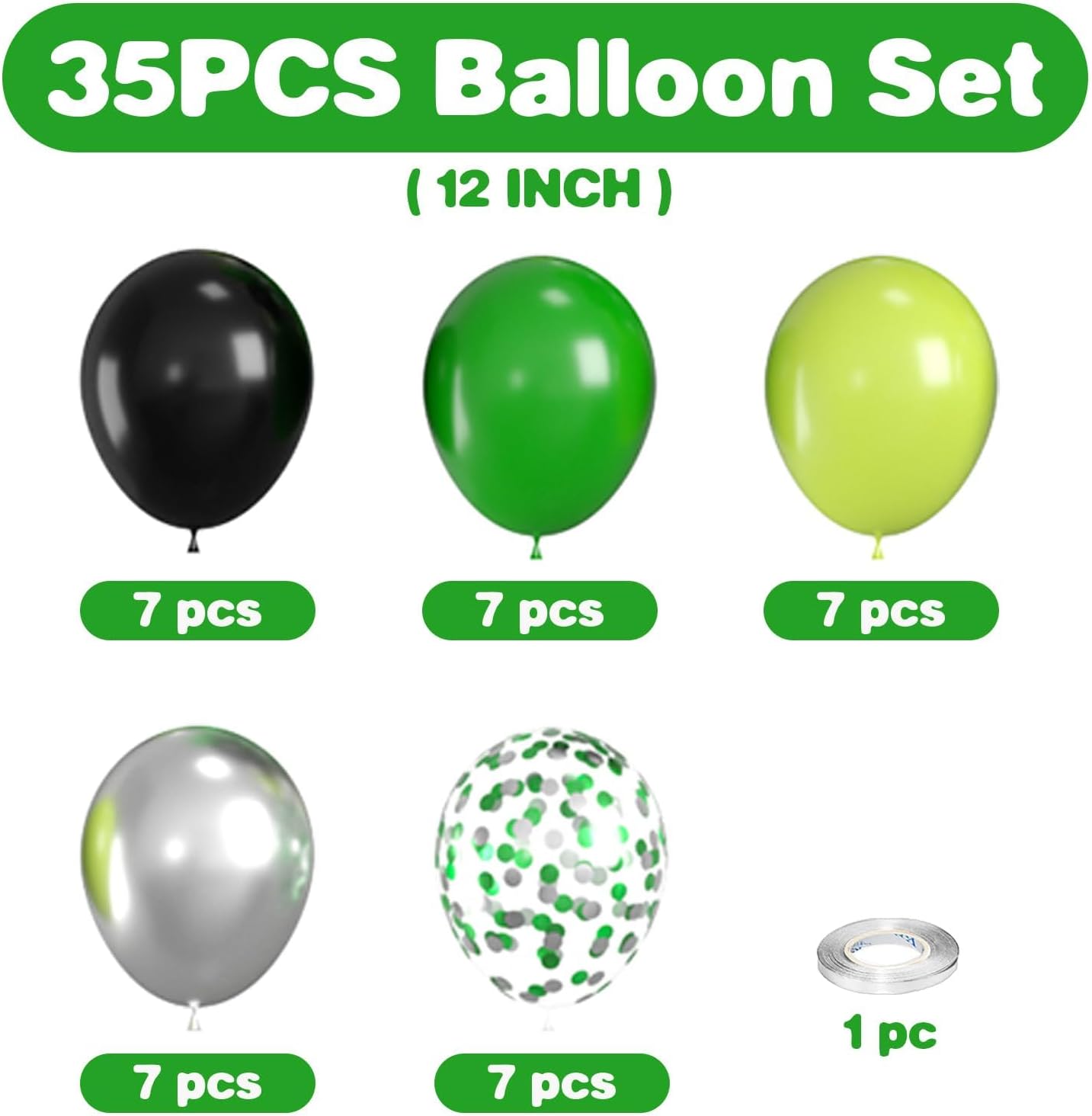 Green & Black Balloons - Video Game Balloons with Silver Confetti for Baby Shower, Graduation, Soccer, Birthday Parties