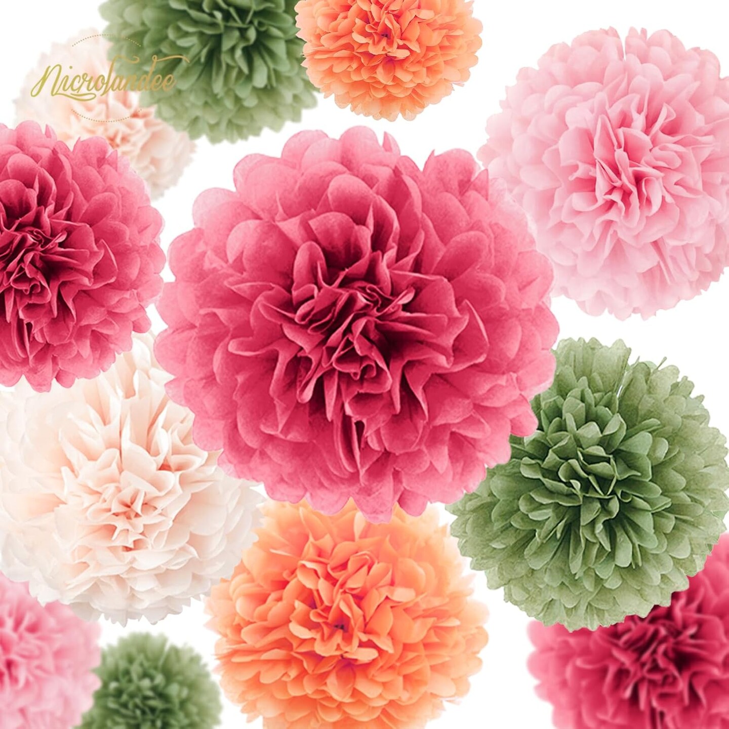 Wedding Party Decorations - 15Pcs Pink, Sage Green, Ivory Tissue Paper Pom Pom for Birthday Pastel Decorations, Engagement Baby/Bridal Shower Anniversary Valentine Dot Paper Backdrop Decor