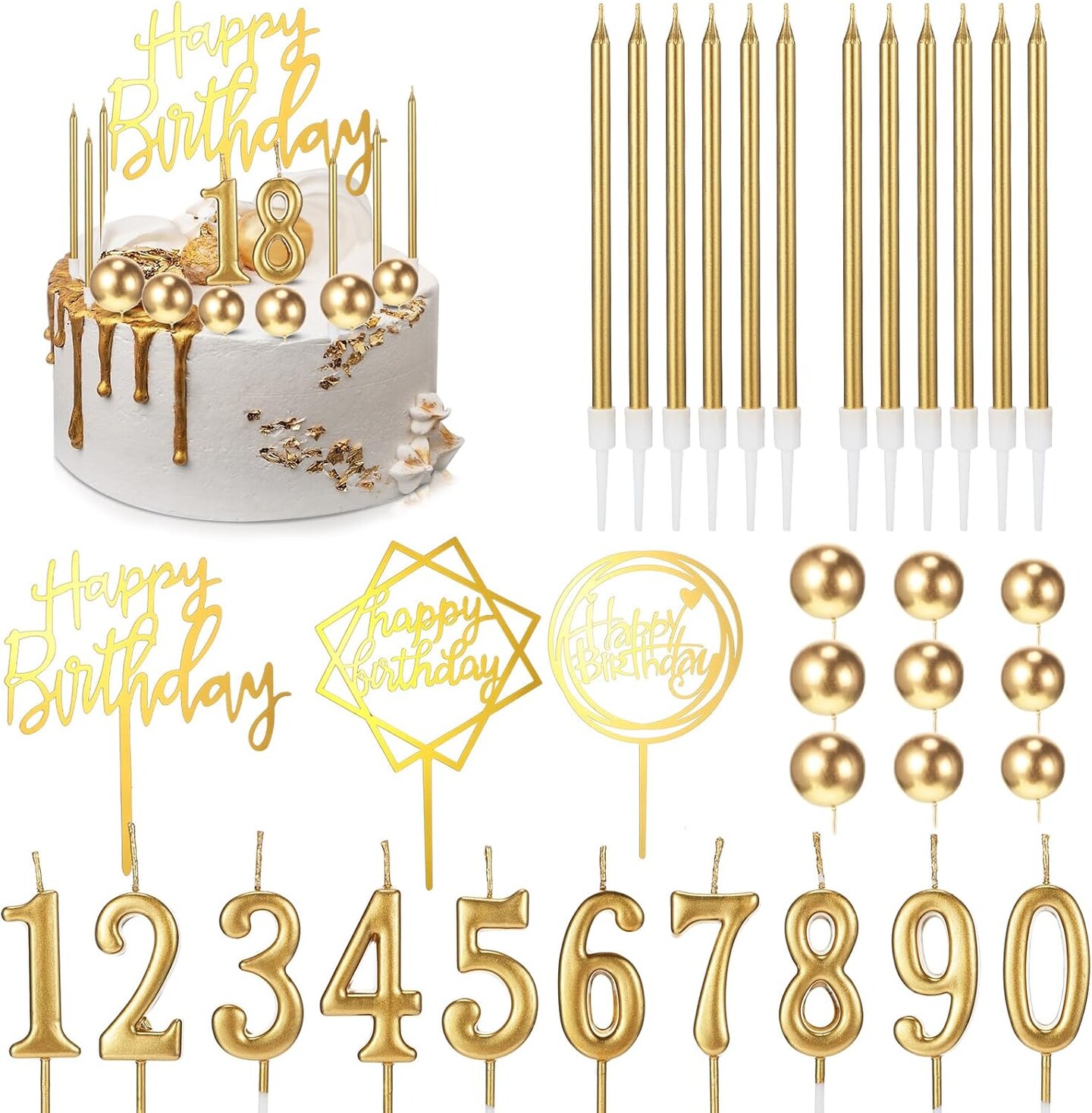 34PCS Happy Birthday Cake Toppers – Gold DIY Candles for Cakes, Weddings & Anniversaries