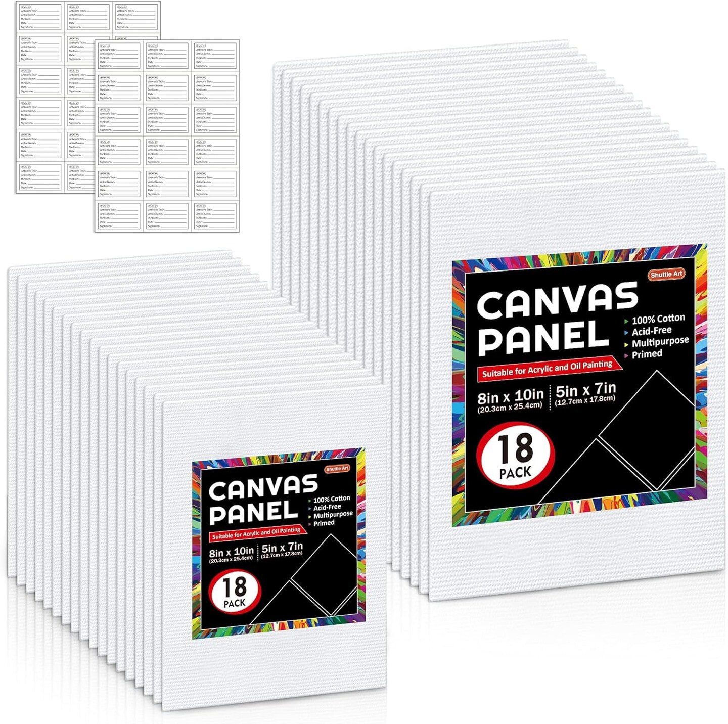 Painting Canvas Panels, 36 Pack, 5x7, 8x10in (18 of Each), 100% Cotton, Primed White Canvas Boards for Painting, Blank Canvases for Kids, Adults &#x26; Artists for Acrylic and Oil Painting