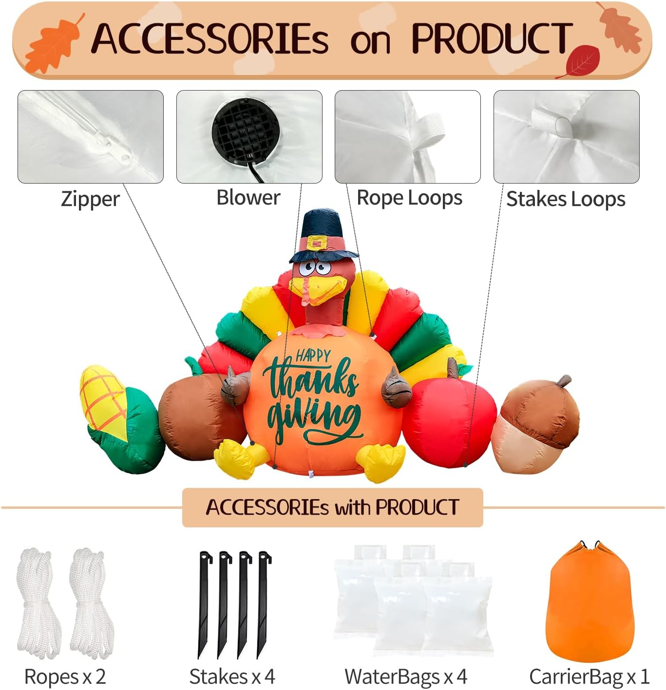 8FT Thanksgiving Inflatables Decorations, Turkey and Vegetables Blow Up with LED Lights for Autumns Fall Happy Thanksgiving Festival Outside Indoor Outdoor Lawn Holiday D&#xE9;cor Harvest.