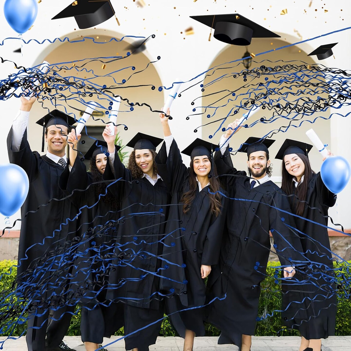 50 Pcs Graduation No Mess Confetti Popper Hand Throw Streamer Popper Bulk Colorful Party Confetti for 2025 Congrats Grad Birthday Wedding Party Celebration Supplies(Black, Blue)