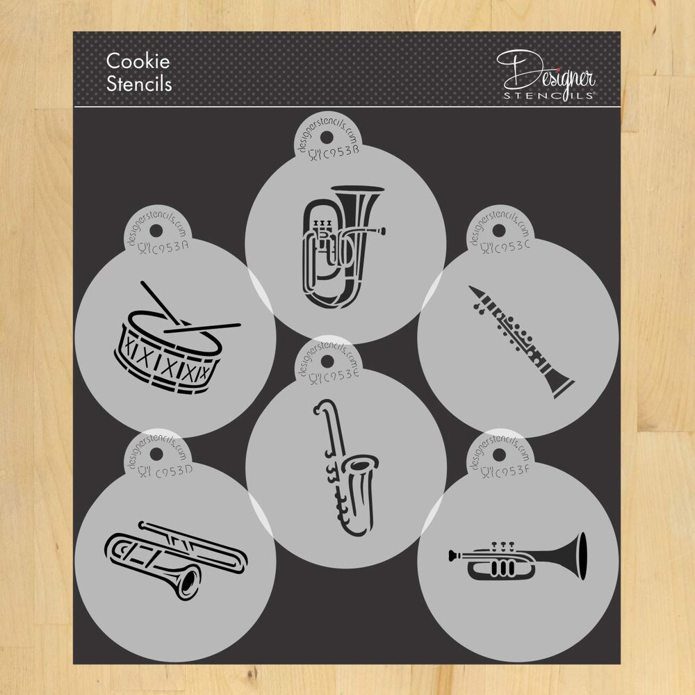Marching Band Instruments Cookie Stencil | C953 by Designer Stencils | Cookie Decorating Tools | Baking Stencils for Royal Icing, Airbrush, Dusting Powder | Reusable Plastic Food Grade Stencil for Cookies | Easy to Use &#x26; Clean Cookie Stencil
