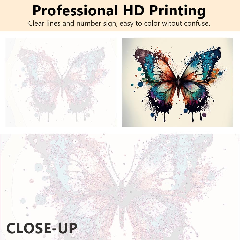 DIY Oil Painting Kit, Ornate Butterfly Paint by Numbers for Adults Beginners, Butterfly Paint by Numbers with Brushes and Pigment for Home Wall Decor, 16x20 Inch, Frameless