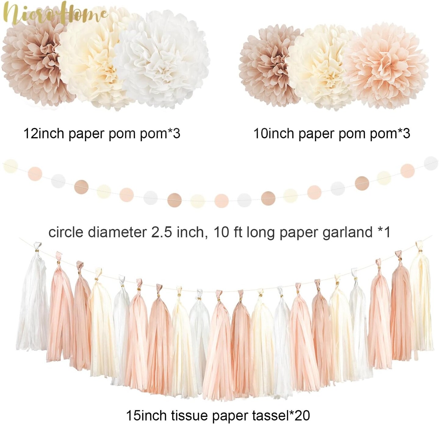 Boho Wedding &#x26; Baby Shower Decorations, 28PCS Creamy White Tissue Paper Pom Poms, Tassels &#x26; Dots Paper Garland, Perfect for Bridal Showers, Birthdays &#x26; More