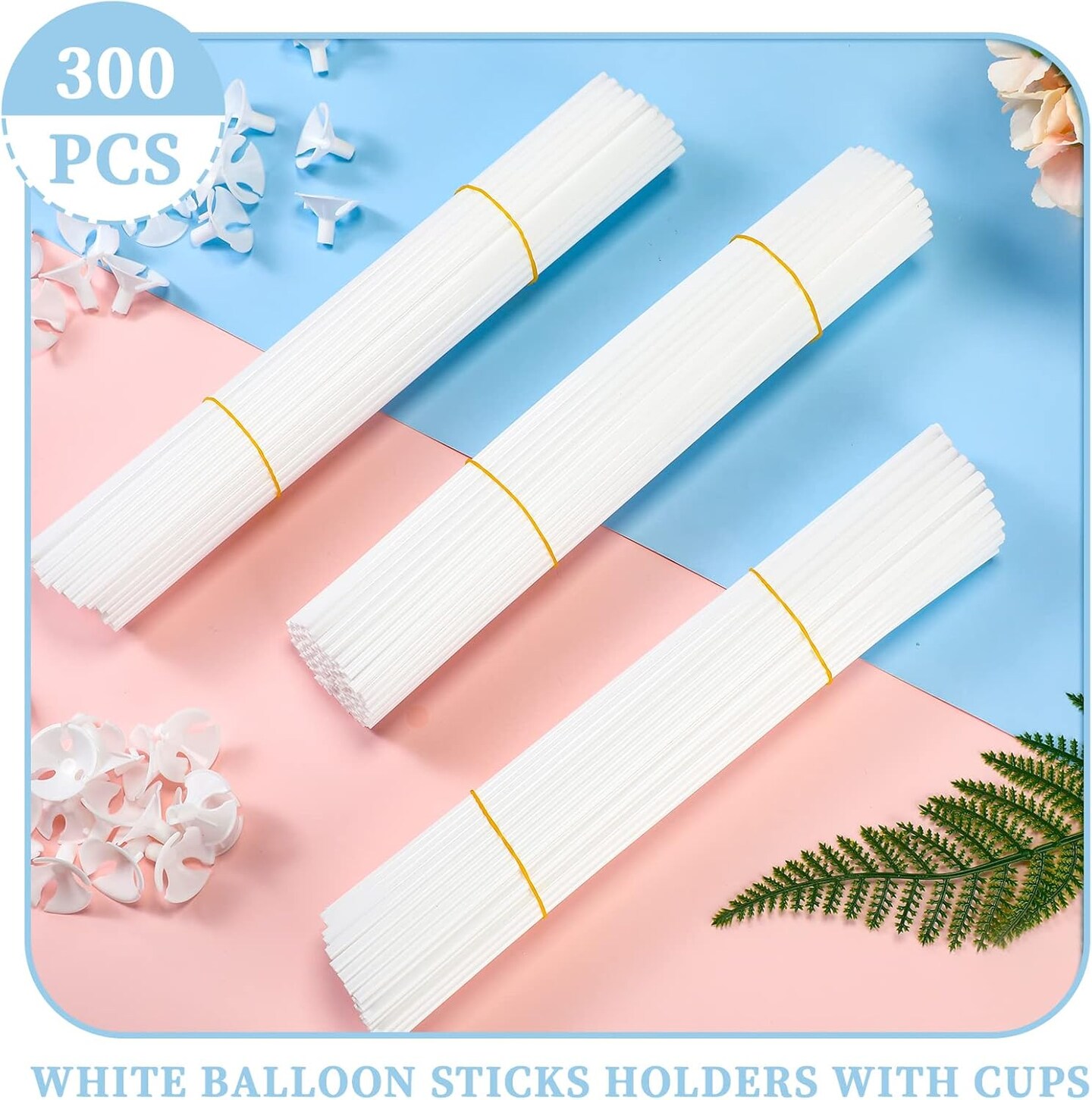 300 Pcs Plastic Balloon Stick with Cup, Balloon Stick with Base Holder Stand for Birthday Wedding Graduation Prom Baby Shower Party Decoration Supplies(White)