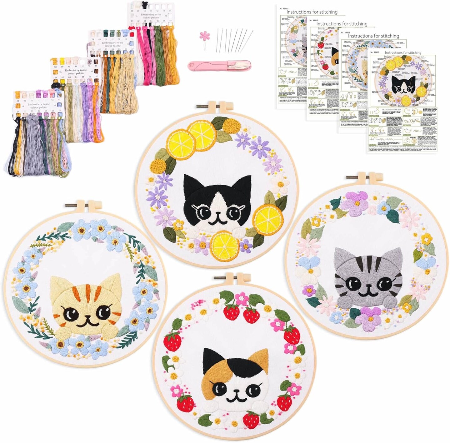 4pcs Beginner Embroidery Kit,Cute cat Pattern,Cross Stitch Kits
