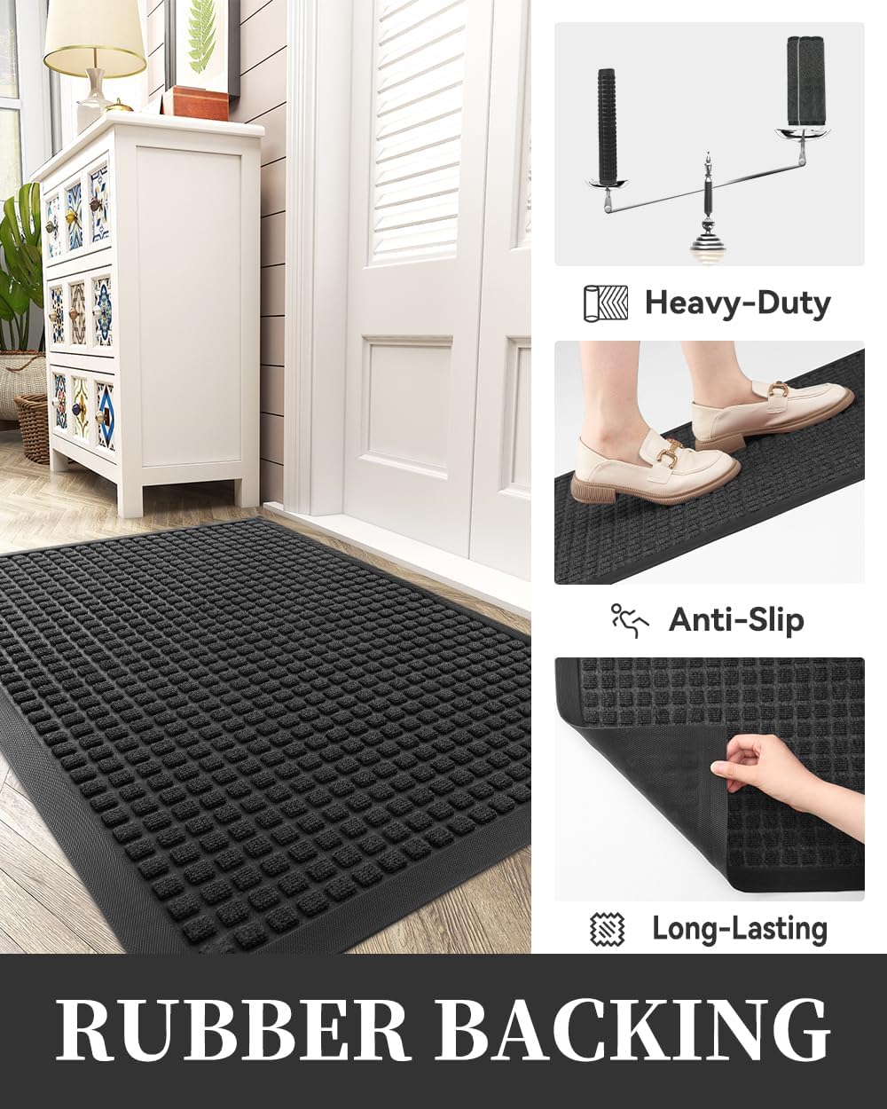 Front Door Mat Outside Entrance Doormat-Outdoor Indoor Door Mat for Entryway-Welcome Mat Thick Durable Rubber Backed Door Entry Mat Non Slip Dirt Trapper Absorbent-Black 17&#x201D;x30&#x201D;