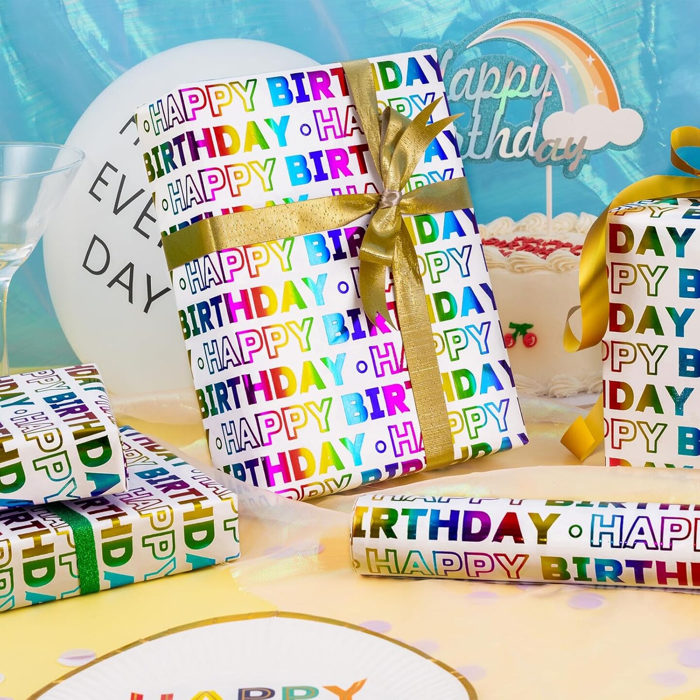 Birthday Wrapping Paper Mini Roll – 17” x 16.4 ft – Colorful Holographic “Happy Birthday” Foil Gift Wrap for Baby Showers, Holidays & Parties (Birthday lettering)