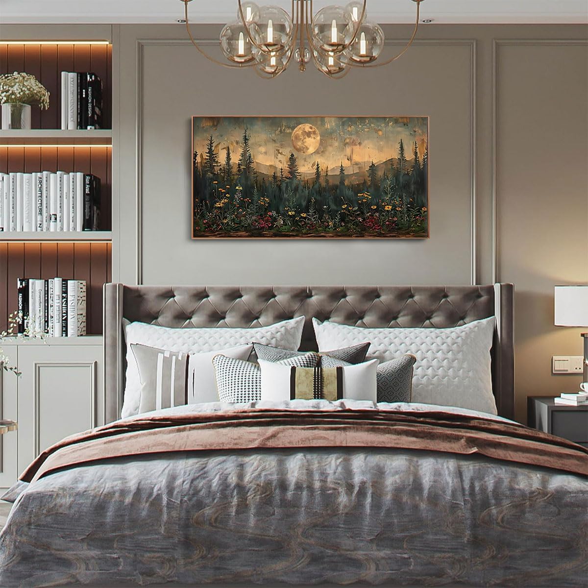 Moon Wall Art Vintage Wildflower Woodland Canvas Painting Print Framed Mountain Flowers Trees Picture Decor Dark Forest Landscape Rustic Farmhouse Living Room Bedroom Office 20&#x22;x40&#x22;