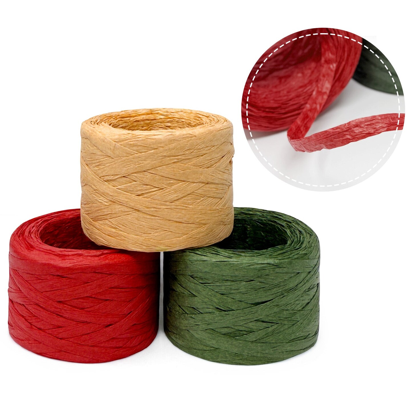 Wrapables Christmas Raffia Ribbons 492 Feet Total, Paper Twine for Gift Wrapping, DIY Crafts, Decorations (Set of 3)