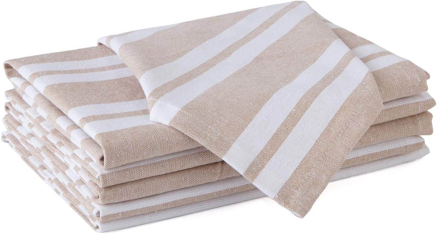 Set of 6 Cotton Cloth Napkins, 17×17 in, Beige Stripes, Washable & Reusable