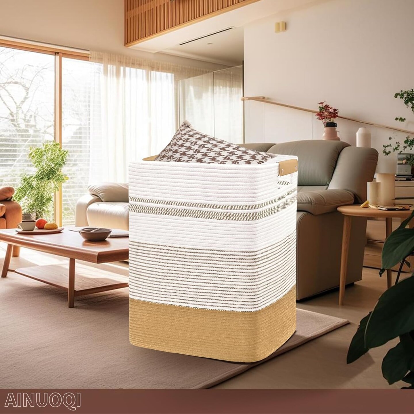 Laundry Hamper - 85L Large Laundry Basket with Leather Handles, Decorative Storage Basket for Blankets - Cotton Rope Woven Baskets for Storage, Clothes Hamper for Living Room, Jute &#x26; White