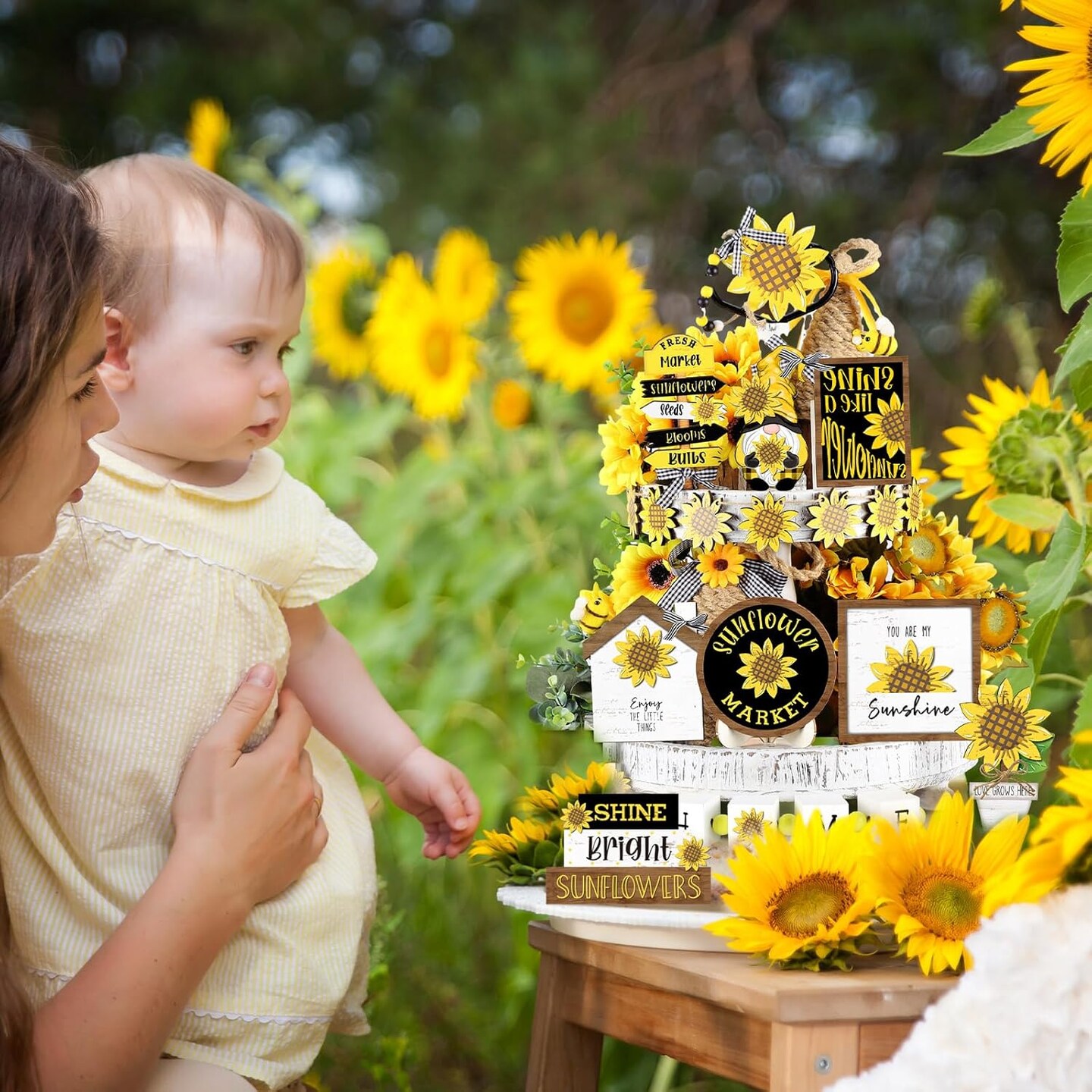 17PCS Sunflower Tiered Tray Decor Set – Farmhouse Wooden Summer Table Signs, Rustic Home Centerpieces for Kitchen, Shelf & Tabletop Spring Summer Decorations