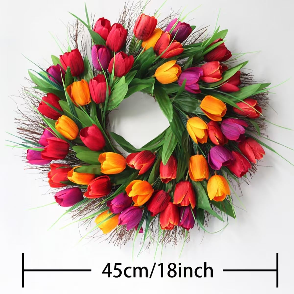 Tulip Wreath for Front Door, 18 Inch Spring Red Tulip Flower Wreath with Green Leaves Wreaths for All Seasons Window Wall Wedding Holiday Party Farmhouse Decorations Indoor Outdoor