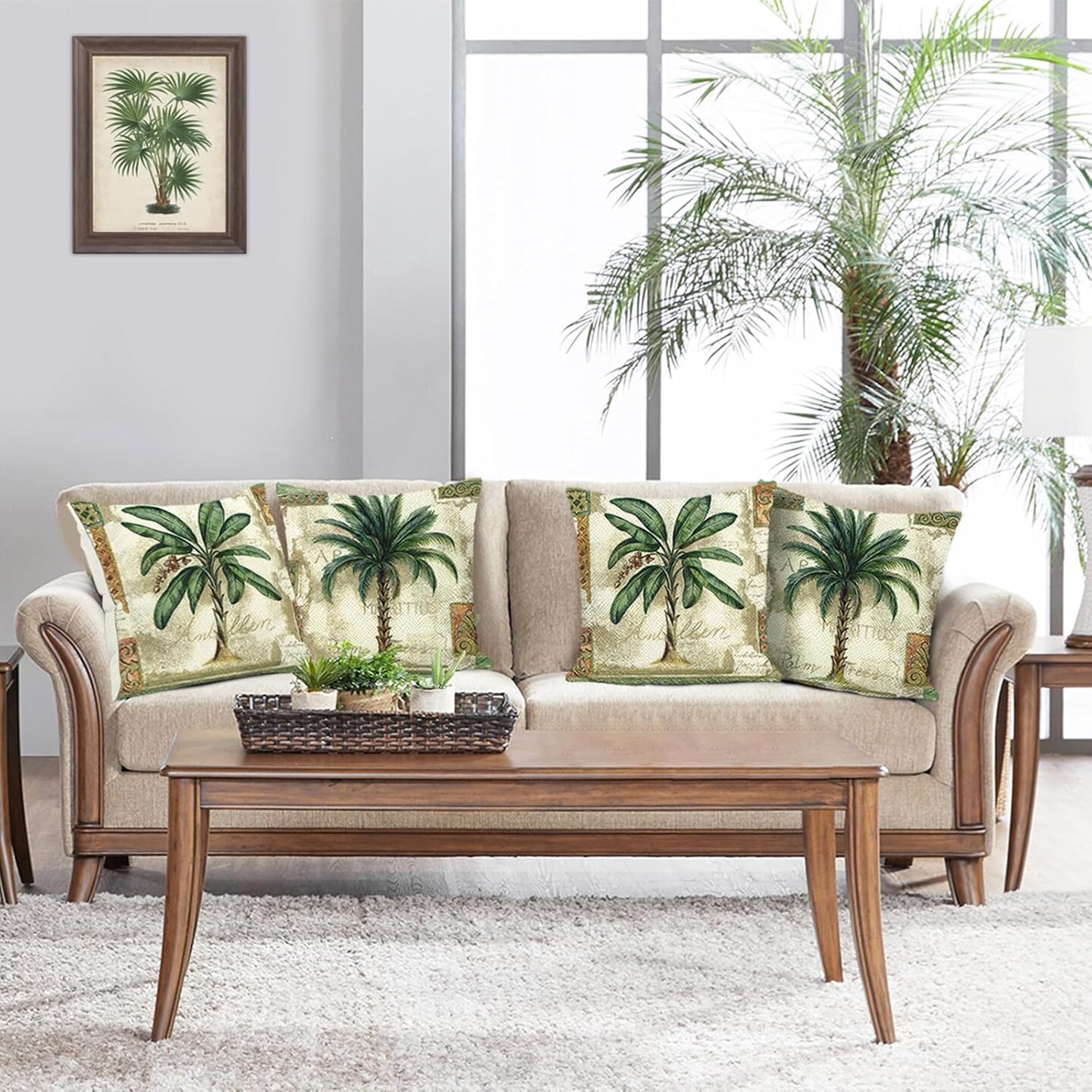 Tropical Palm Tree Throw Pillow Covers 18 x 18 Inch Vintage Green Leaf Decorative Pillow Cases Polyester Linen Cushion Covers for Couch Sofa Indoors Outdoors Decor Set of 4