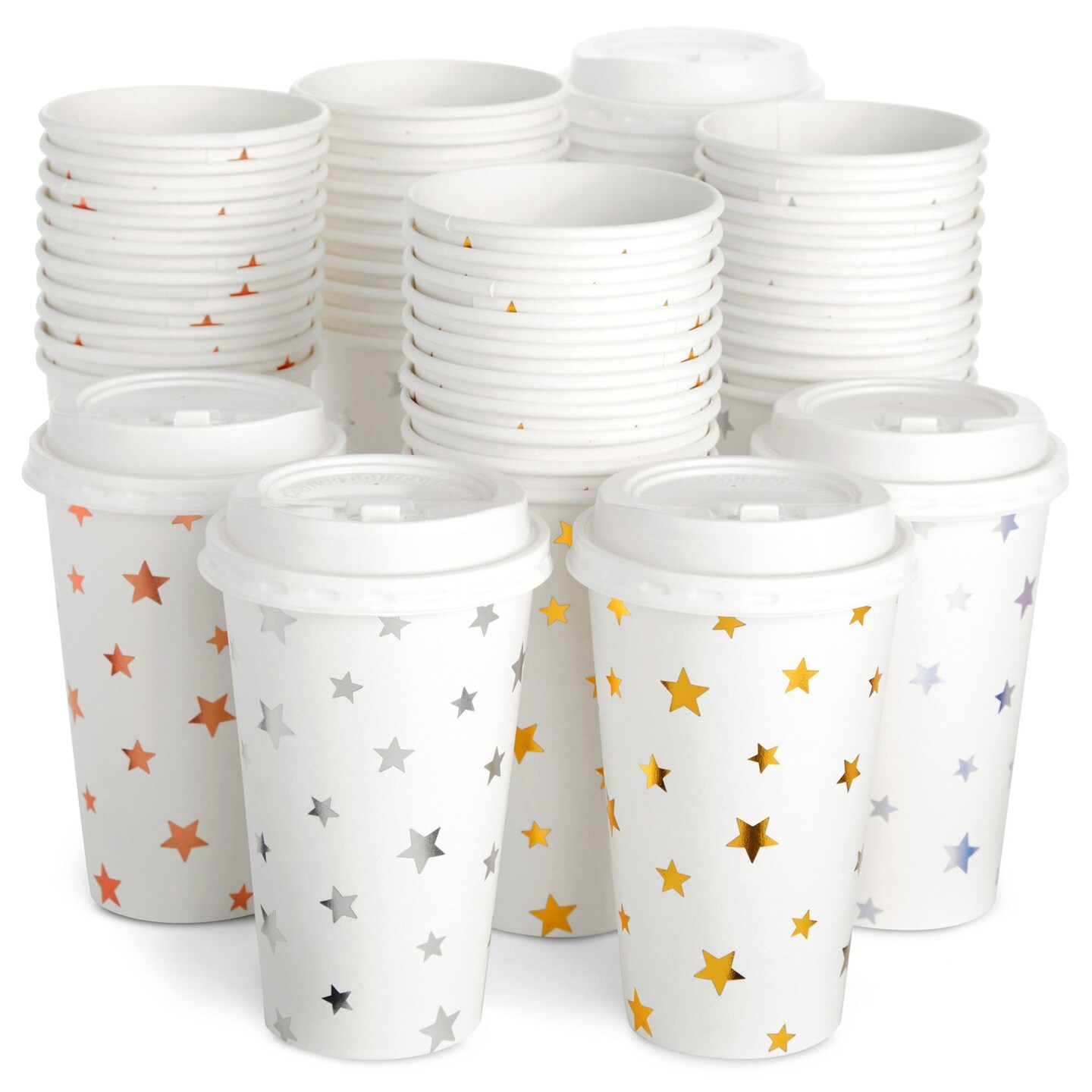 BLUE PANDA Disposable Coffee Cups with Lids - 16 Oz, 48-Pack, White Foil Stars - Paper Cups for Hot Drinks & Coffee to Go