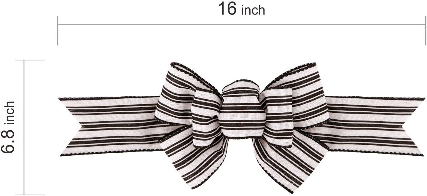2PCS Farmhouse Striped Burlap Bows – Black & White Wired Ribbon for Wreaths, Tree & Gift Decor