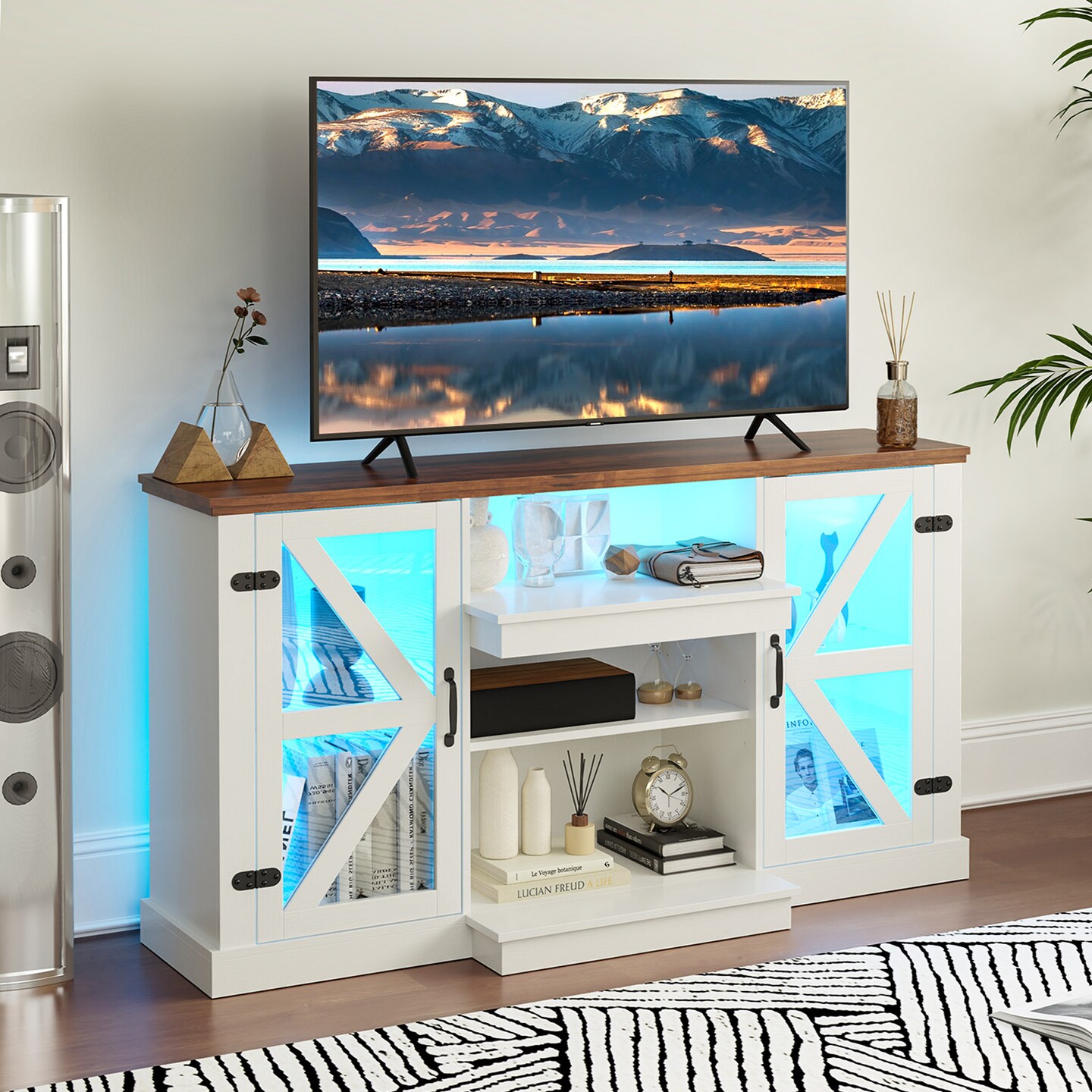 White Tempered Glass TV Stand with LED Lights, Adjustable Shelves and Console Table Storage