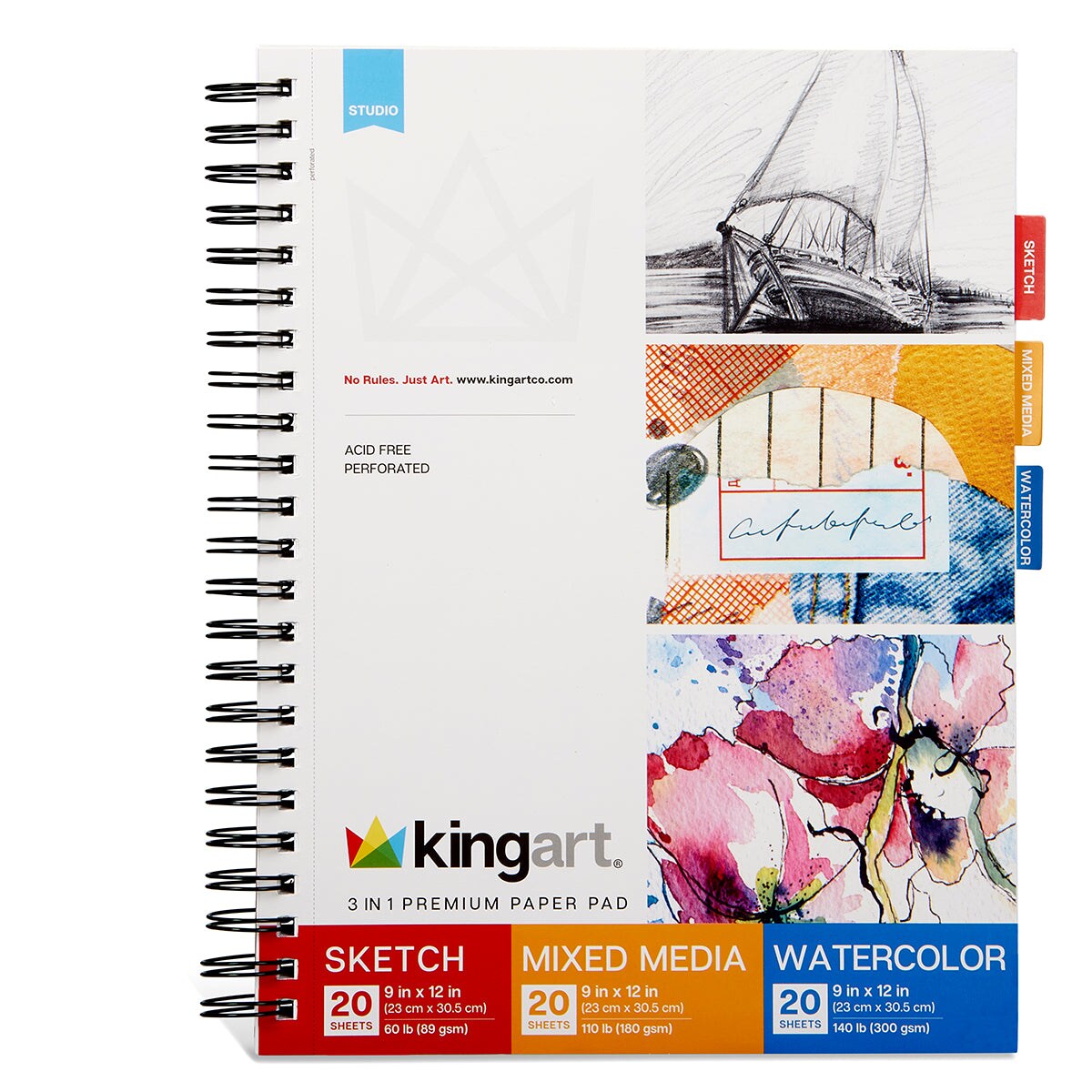 KINGART&#xAE; Paper Pad 3-in-1, Sketch, Mixed Media, &#x26; Watercolor, 9&#x201D; X 12&#x201D;, 60-Sheets
