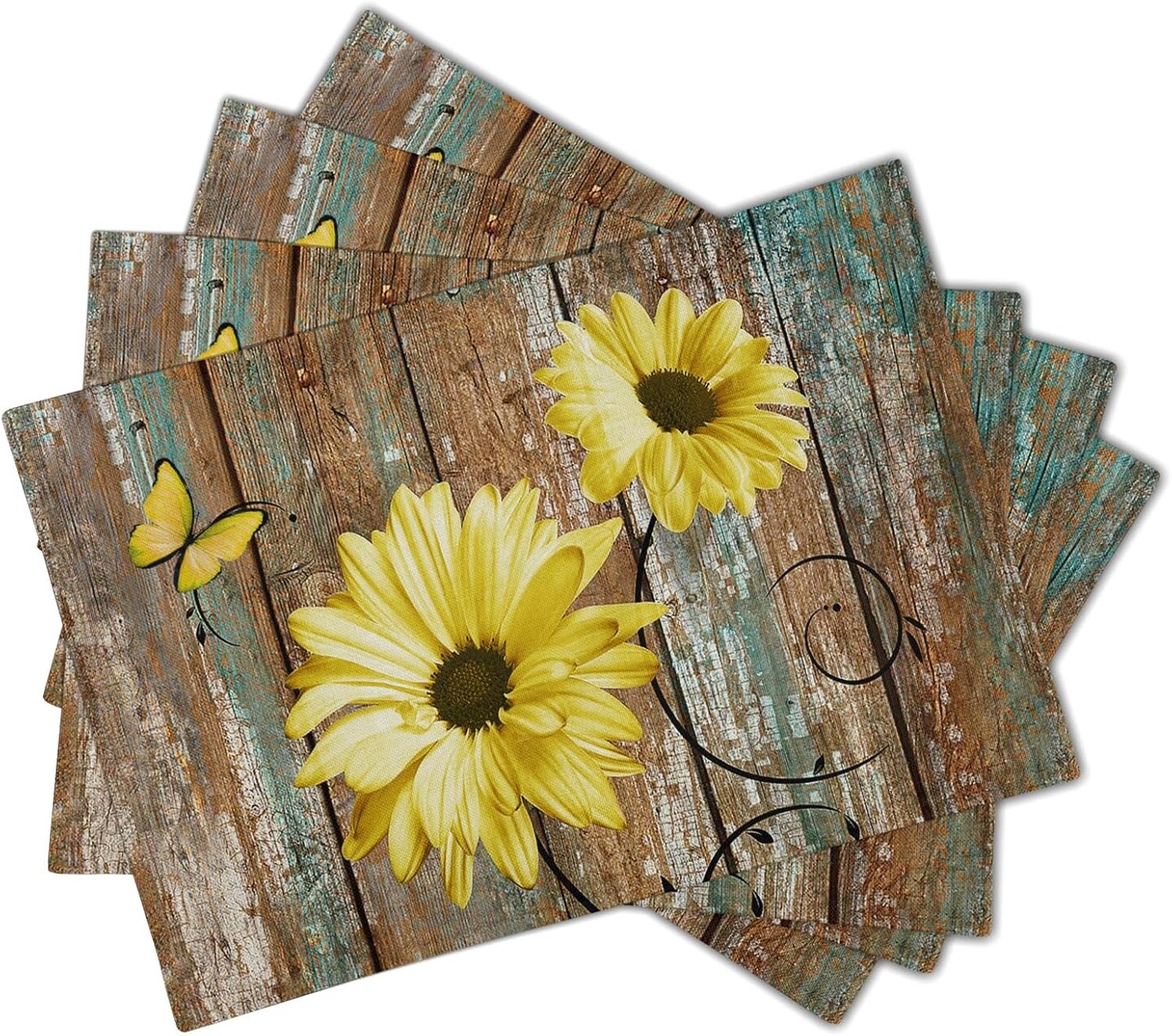Summer Rustic Daisy Placemats Set of 4- Yellow Sunflowers Vintage Wood Board Linen Place Mat- Farmhouse Wooden Floral Non Slip Heat Resistant Table Mats for Kitchen Dining Cabin Lodge Decor