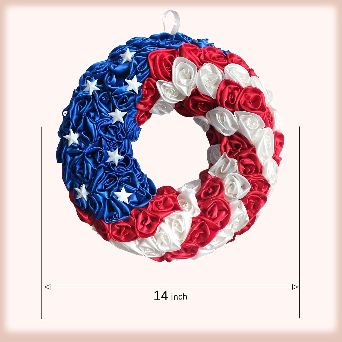 14 Inch Patriotic Roses Handcrafted Wreath, Artificial 4th of July Soft Touch Silk Roses and Metal Stars Wreath for Wall Decor
