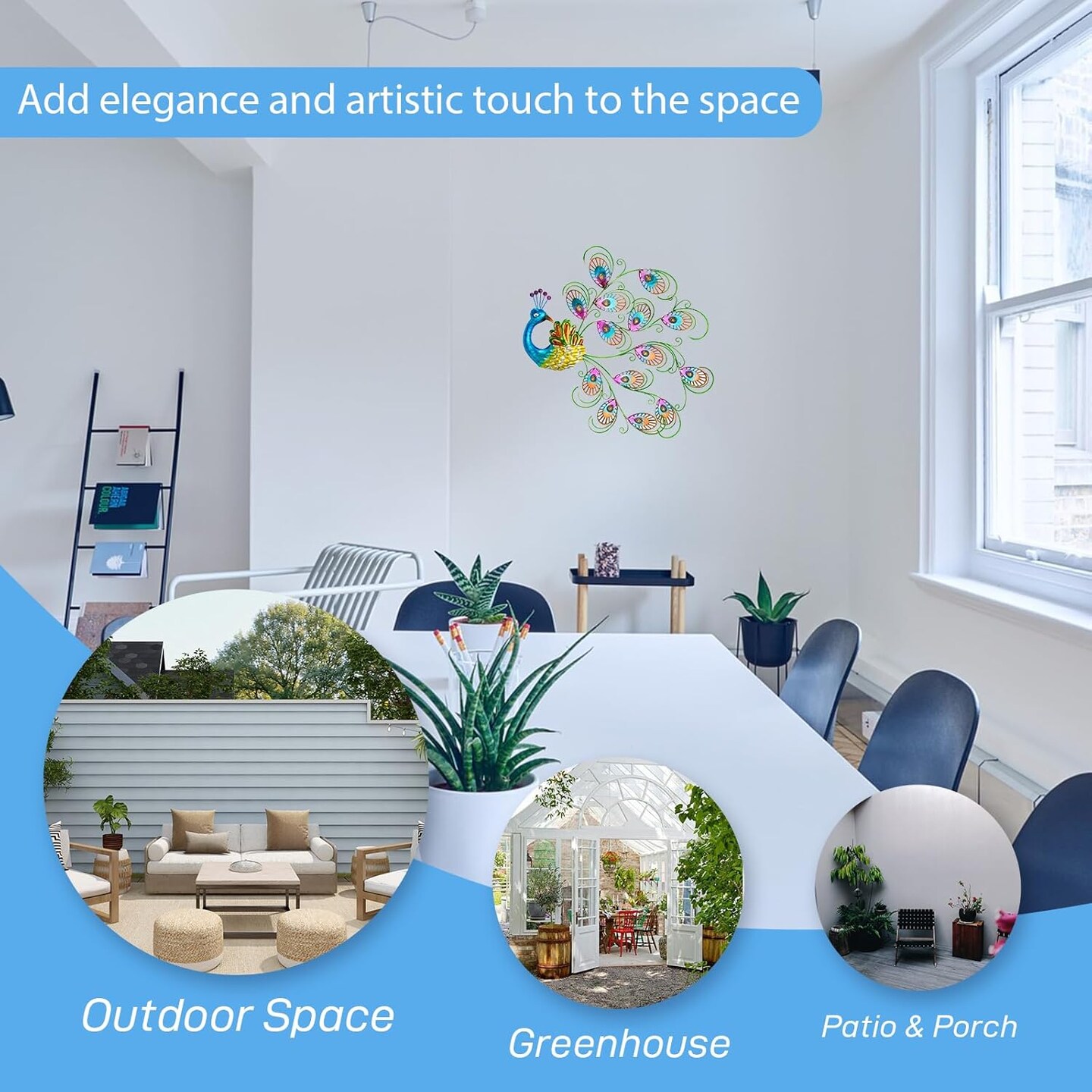 Summer Metal Wall Art Decor, 20'' W x 19'' H Peacock Wall Hanging Decor & Wall Sculpture, Large Wall Decor for Patio, Fence, Garden, Home Decor (Blue)